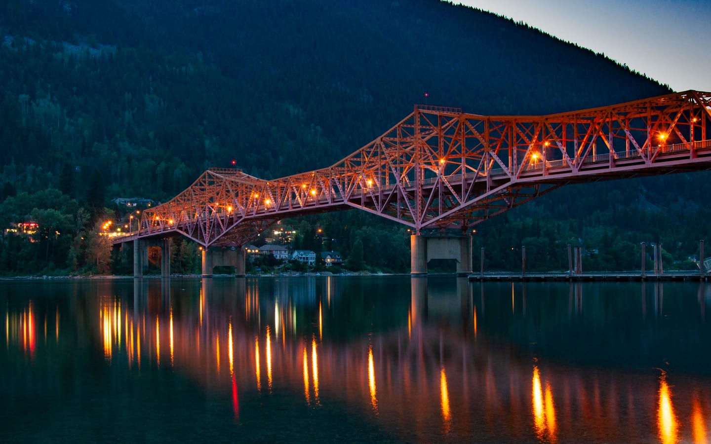 The Big Orange Bridge across Kootenay Lake in Nelson, British Columbia at dusk